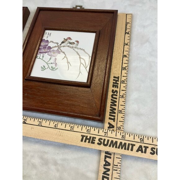 Vintage Signed Chinese Hand Painted Landscape Porcelain Tiles Birds Brass Hanger - Picture 4 of 10